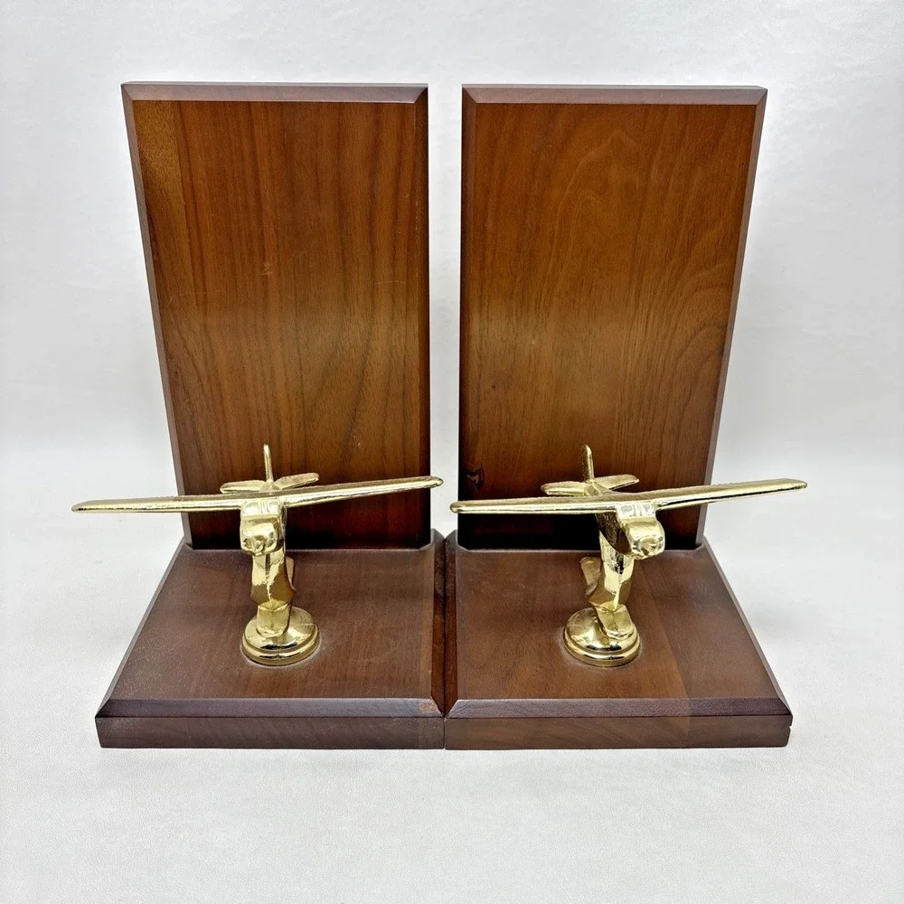 Vintage Art Deco Style Brass Airplane Wooden Bookends Book Ends Wood Plane